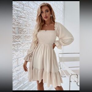 tan square neck dress